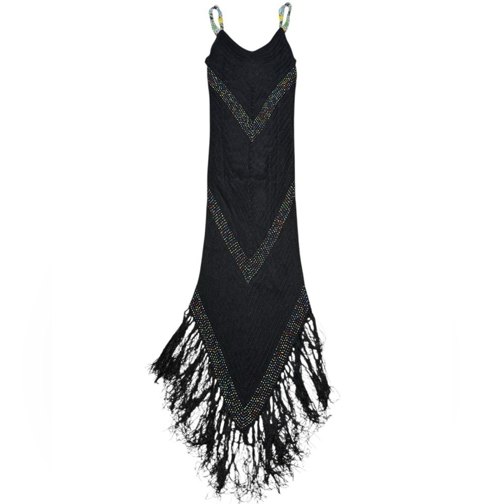 Vintage Cache Black Crochet
Rainbow Beaded Fringe Details Dress size Small